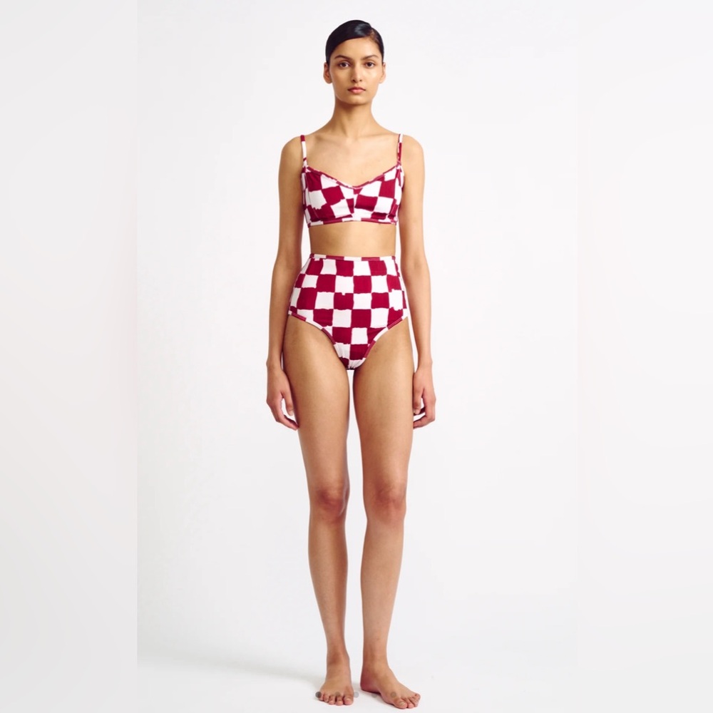 Emilia Wickstead: Alicia Burgundy and White Checkerboard High-Waist Bikini